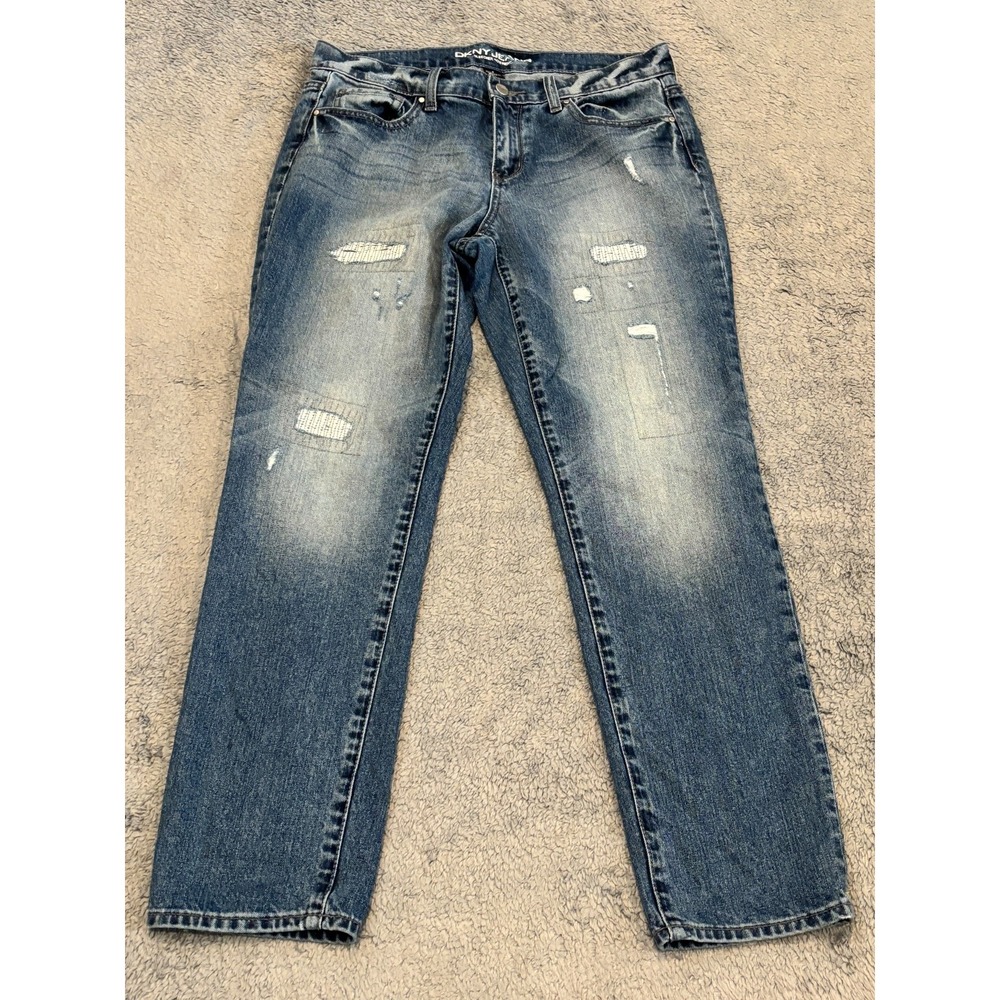 DKNY Jeans Womens 8 Mid Rise Bleeker Boyfriend Blue Denim Distressed Med Wash